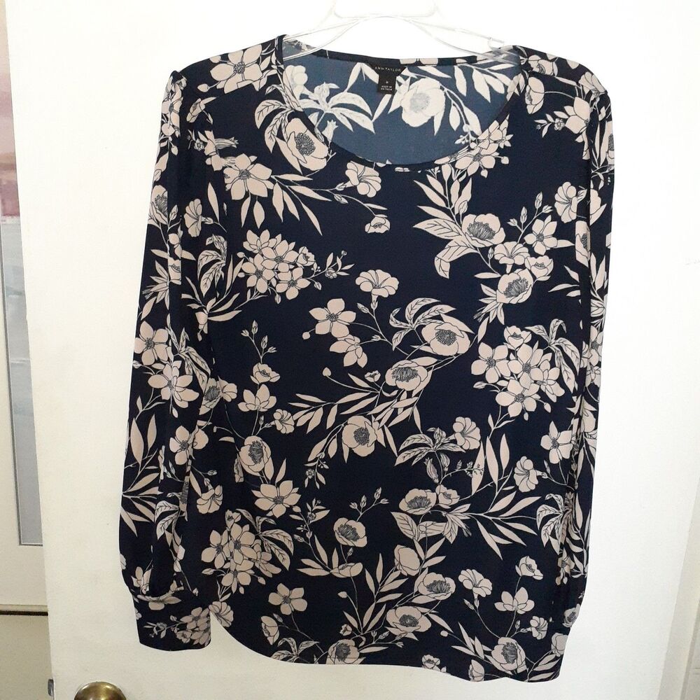 Ann Taylor Blouse Women's M Navy Blue Tan long sleeve floral Shirt Career Top
